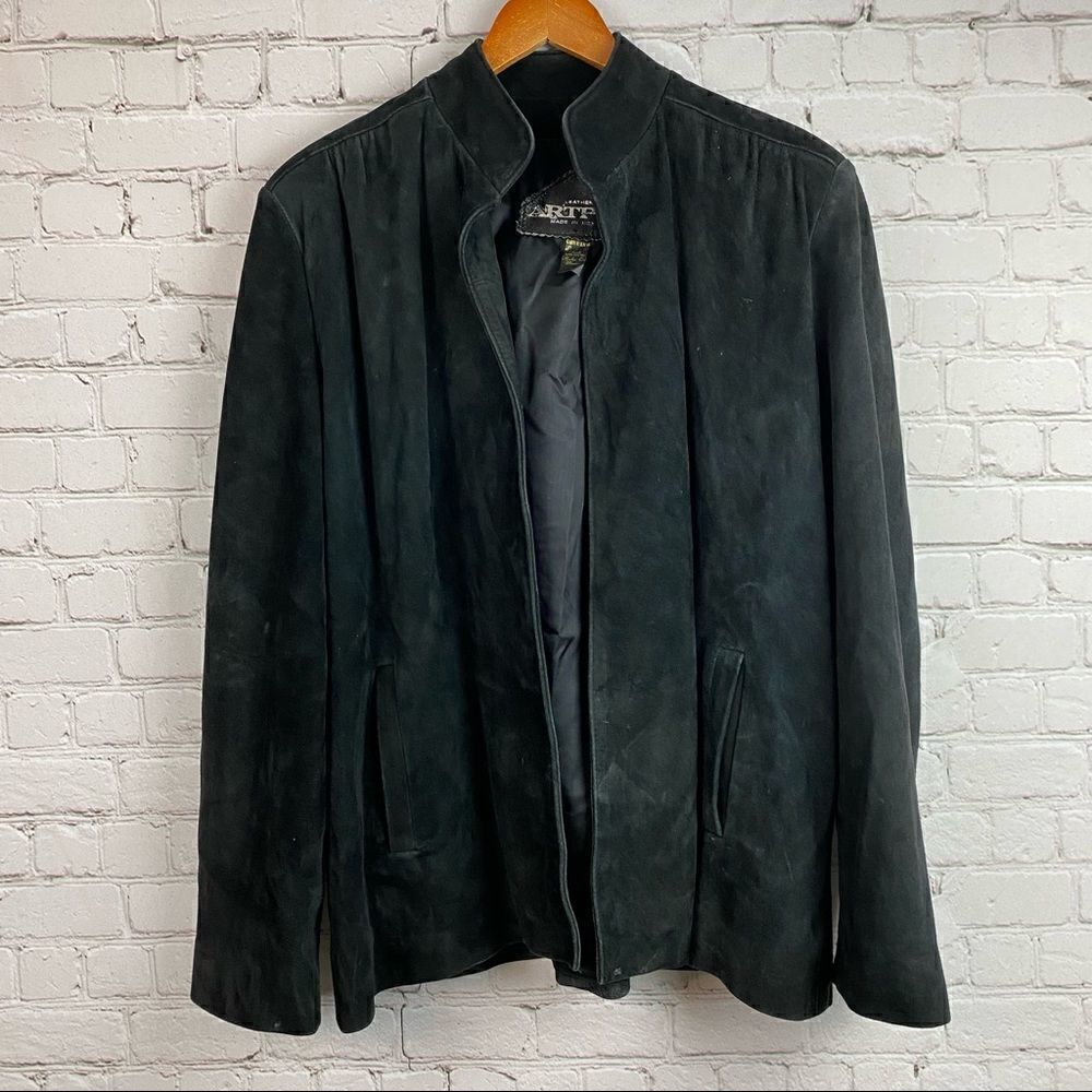 Vintage 90s Artpel Genuine Suede Leather Open Front Black Blazer Jacket Large